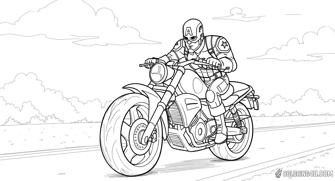 This exciting coloring page features Captain America speeding on a powerful motorcycle through a city street. Kids can have fun adding vibrant colors to his iconic uniform, the bike, and the lively background full of buildings and clouds. It's a thrilling action scene that invites children to bring the hero's adventure to life.
