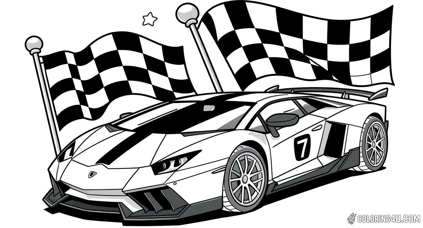 Racecar With Checkered Flags Coloring Page