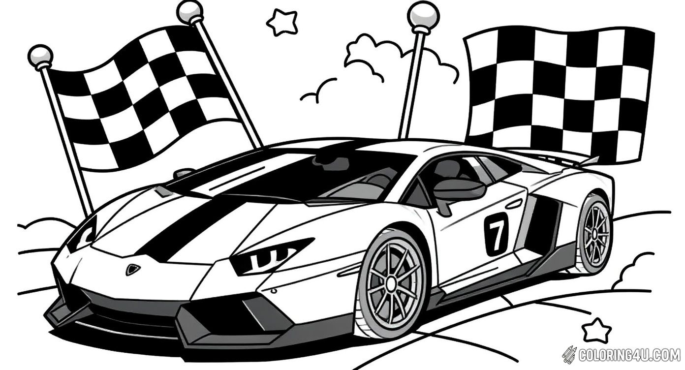 Get ready to zoom with this sleek racecar speeding across the finish line! Surrounded by waving checkered flags, this cool car is perfect for kids who love fast cars and exciting races. Bring it to life with your favorite colors!