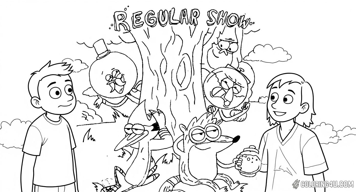 Color in this fun scene from Regular Show featuring Mordecai, Rigby, Benson, Pops, and Skips relaxing and hanging out by a big tree. Kids can enjoy adding colors to these quirky characters and their outdoor chill time on this exciting coloring page.