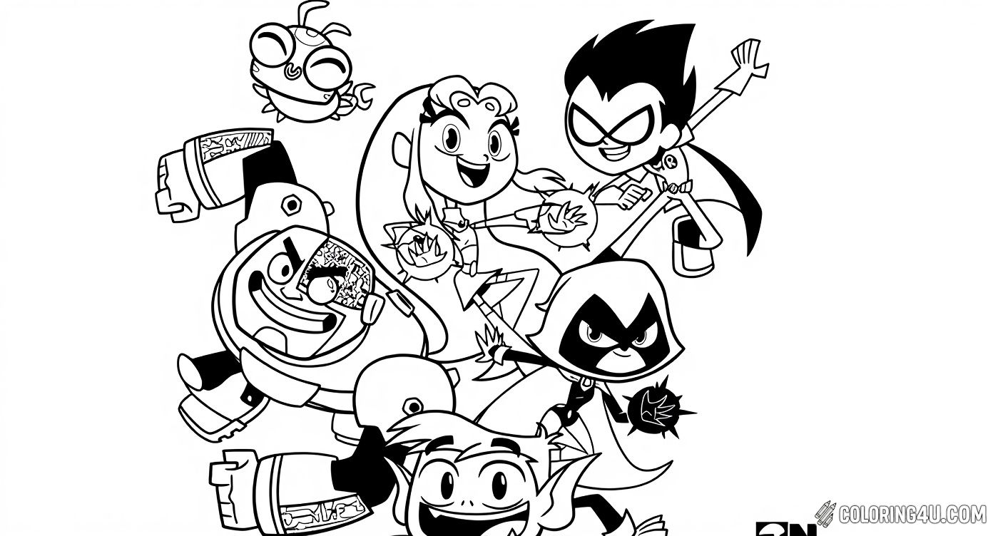 Get ready for action with the Teen Titans Go! team including Robin, Starfire, Beast Boy, Raven, and Cyborg. This dynamic coloring page is full of energy and perfect for kids who want to add their favorite heroes' vibrant colors as they prepare to save the day.