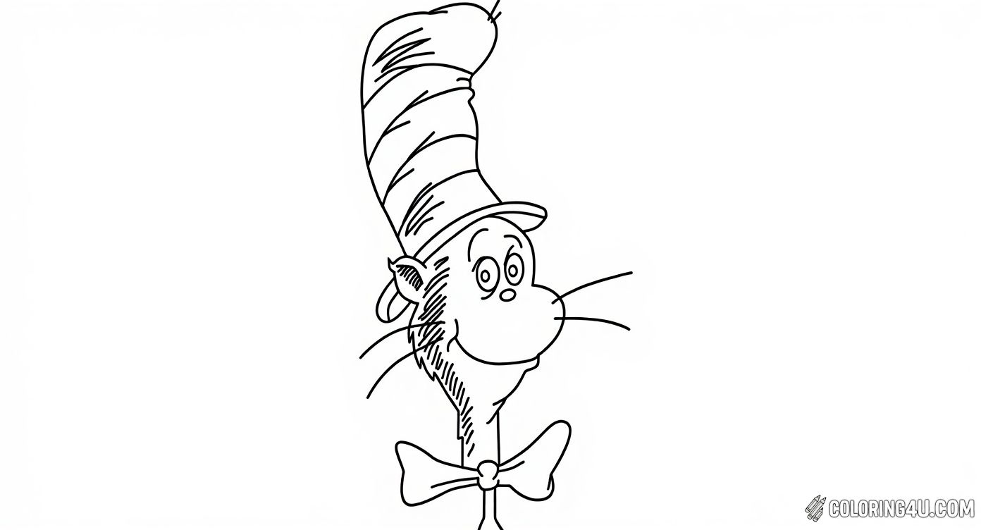 This inviting coloring page highlights a simple and charming close-up of The Cat in the Hat's face, featuring his tall striped hat and bow tie. This minimalistic design invites young artists to explore creativity by adding colors and patterns to this iconic character's friendly face.