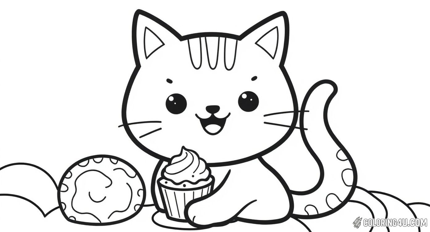 Get ready for a sweet coloring adventure with this cheerful cat enjoying a big cupcake topped with creamy frosting! Surrounded by yummy cookies and adorable balloons, this fun image invites kids to fill it with bright colors and creativity.