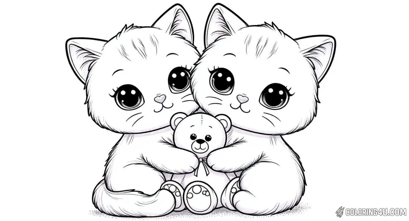 This heartwarming coloring page shows a loving kitten hugging a cute teddy bear, surrounded by floating hearts. Kids will love bringing this charming scene to life with colors, perfect for expressing feelings of love and friendship.