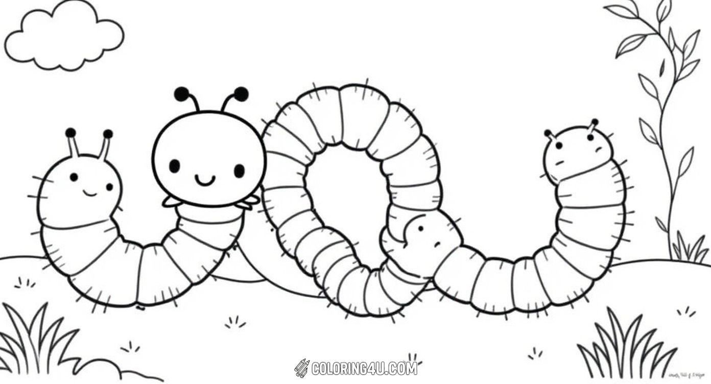 A set of four fun and adorable caterpillar-themed coloring pages featuring different cheerful caterpillars in natural settings with flowers, grass, and the sun. Each page invites kids to bring these scenes to life, promoting creativity and an appreciation for nature.