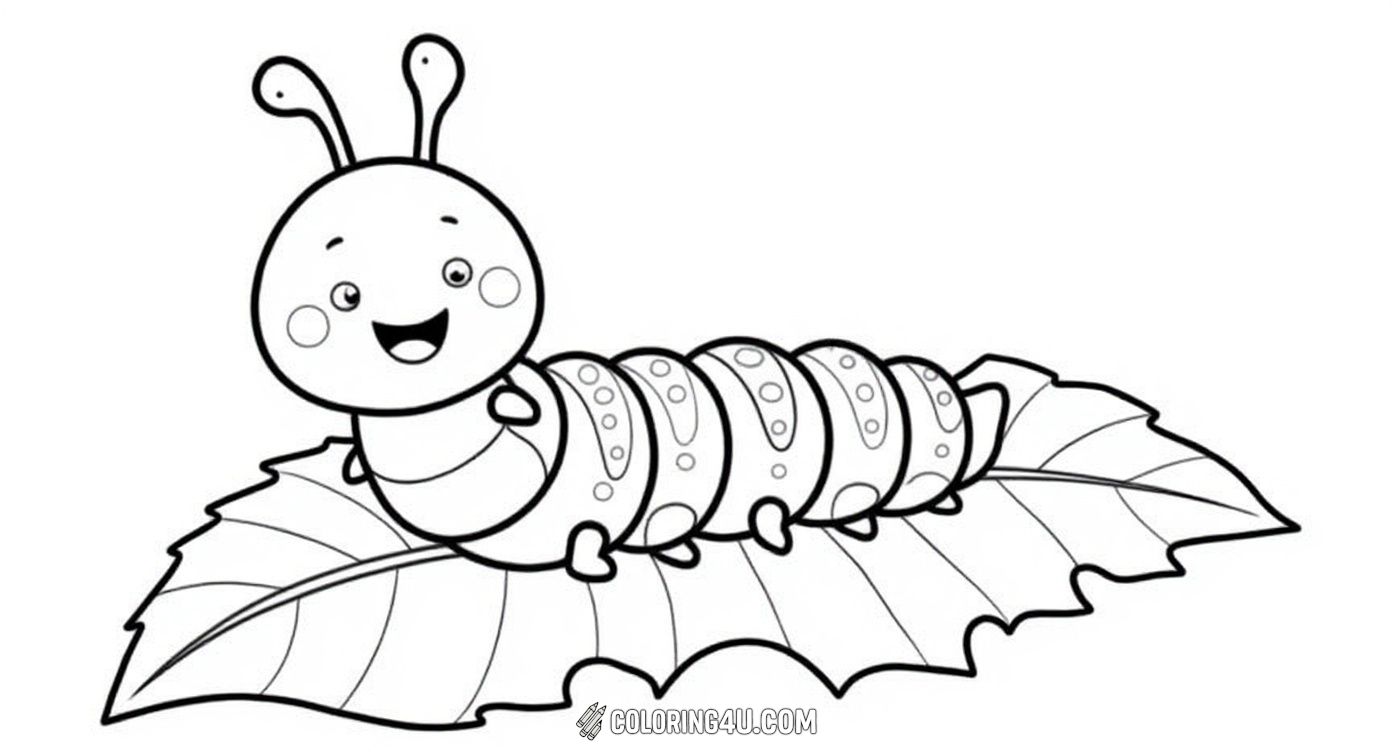 This delightful coloring page features a happy, chubby caterpillar perched on a beautifully veined leaf. The friendly expression and simple background invite children to explore their creativity by coloring the leaf and the cheerful caterpillar in vibrant colors.