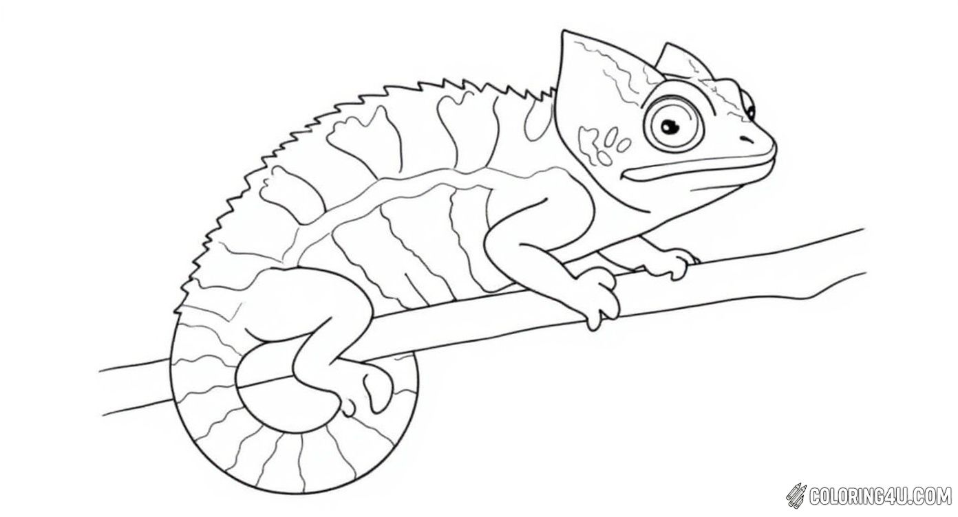 This fun and simple coloring page shows a cute chameleon clinging to a branch, lined up for kids to fill with bright colors. It's a great way for children to have fun and explore the unique looks of chameleons while coloring.