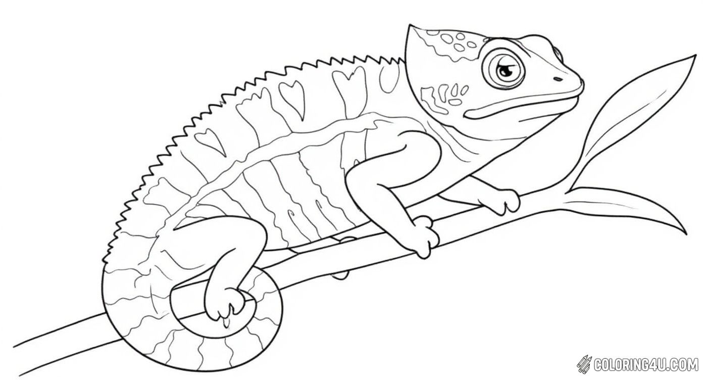 Cute Chameleon On Leaf Branch Coloring Page