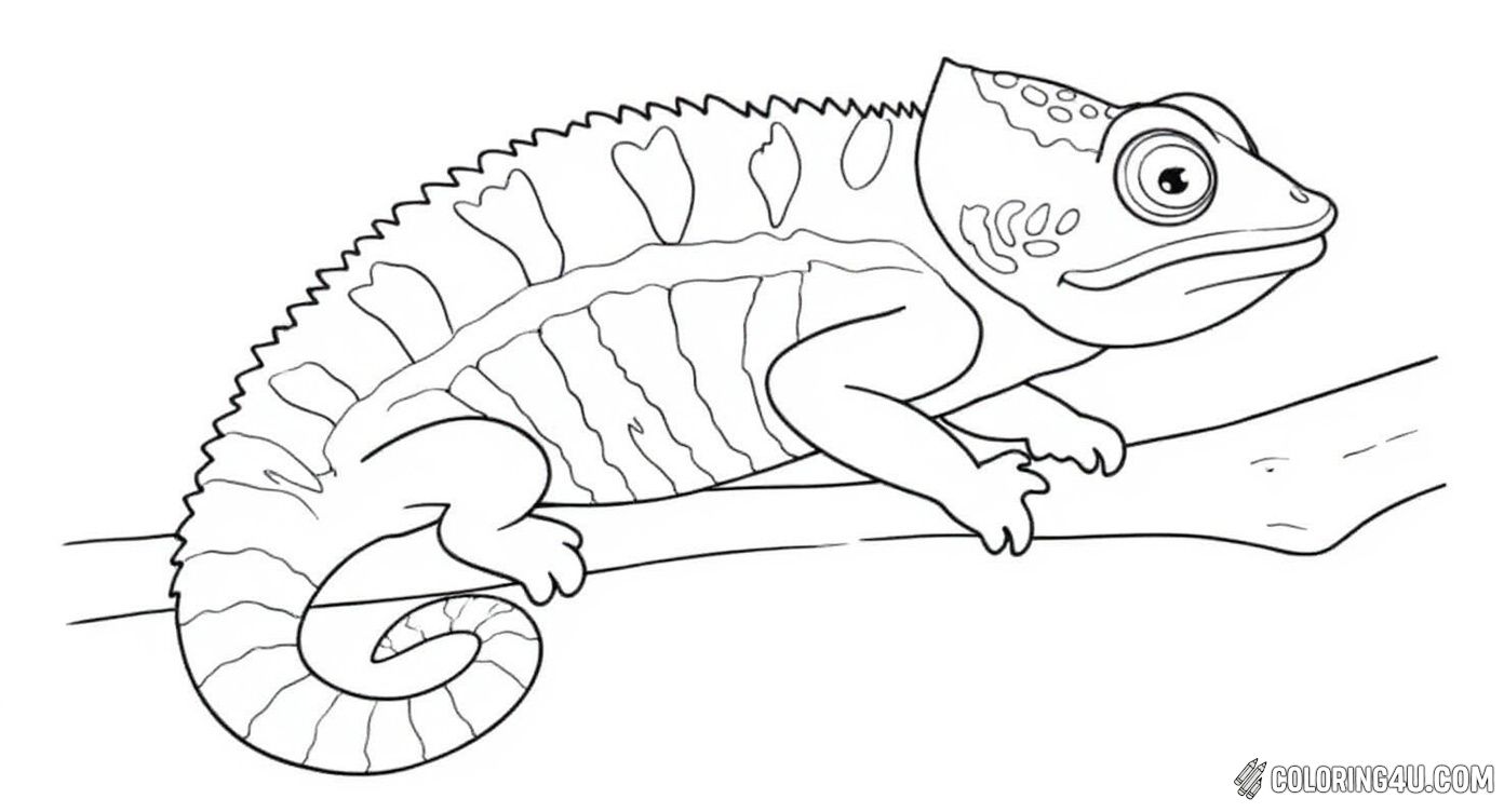 This adorable coloring page shows a cute chameleon with stripes resting on a branch. Its inviting and playful outline is perfect for children to color in, making it a fun way to learn about this fascinating reptile.