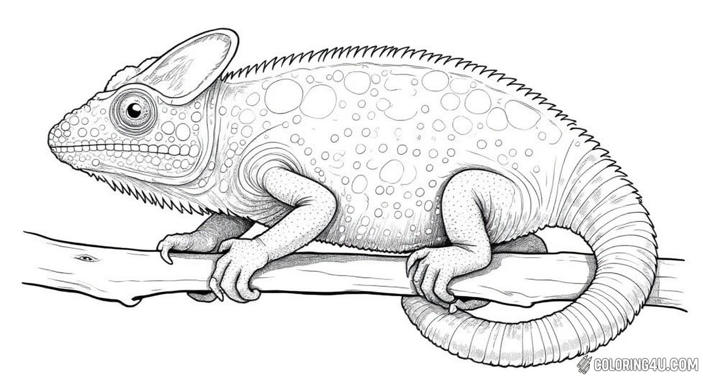 Explore the amazing details of this adult chameleon resting on a branch! Kids can have fun coloring the intricate patterns and textures on the chameleon's skin and the leaves surrounding it, while learning about this fascinating animal.