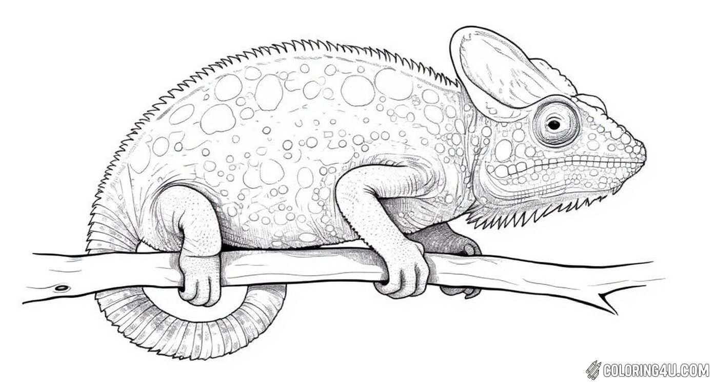 This detailed coloring page features a realistic chameleon perched on a leafy branch. With its textured skin and intricate patterns, it's perfect for older kids or adults who enjoy a challenging and artistic coloring experience.