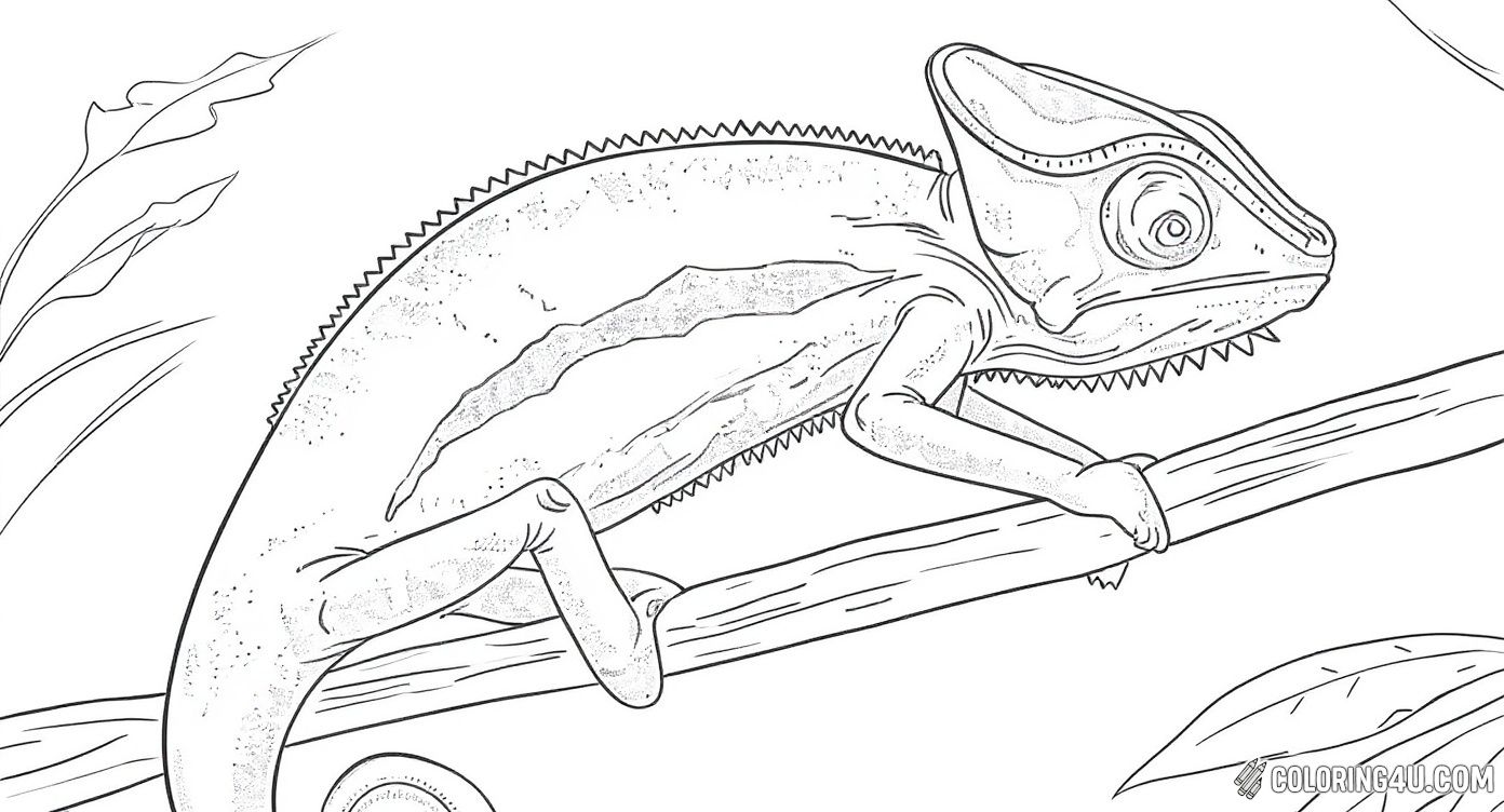 Color this cute and simple chameleon slowly climbing a branch! This friendly coloring page is perfect for kids to relax and enjoy while bringing this calm little reptile to life with their favorite colors.