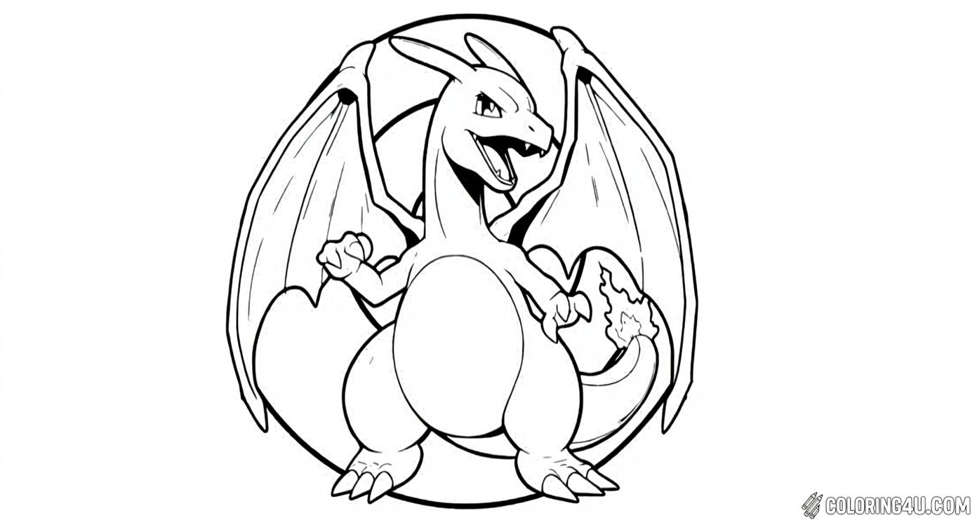 Get ready to color the fierce and fiery Charizard from the beloved Pokémon series! This bold coloring page shows Charizard with its wings spread wide and a flame burning on its tail, framed by its name in big, playful letters. It’s a perfect page for kids who love powerful Pokémon and want to create their own colorful masterpiece.