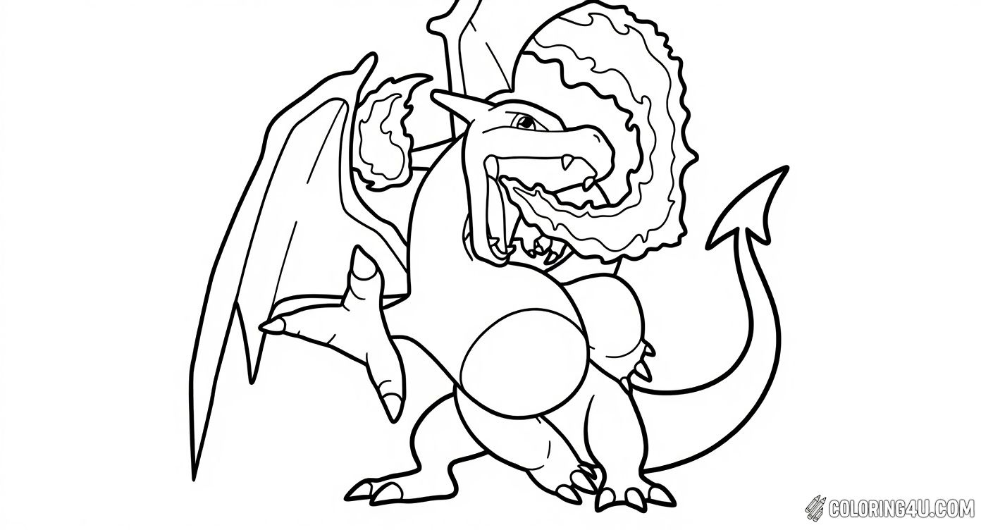 This exciting coloring page features Charizard V from the popular Pokémon trading card game. Kids can bring to life this powerful fire-breathing dragon as it attacks with blazing flames. The card layout and details make it perfect for Pokémon fans to immerse themselves in their favorite battle scene.