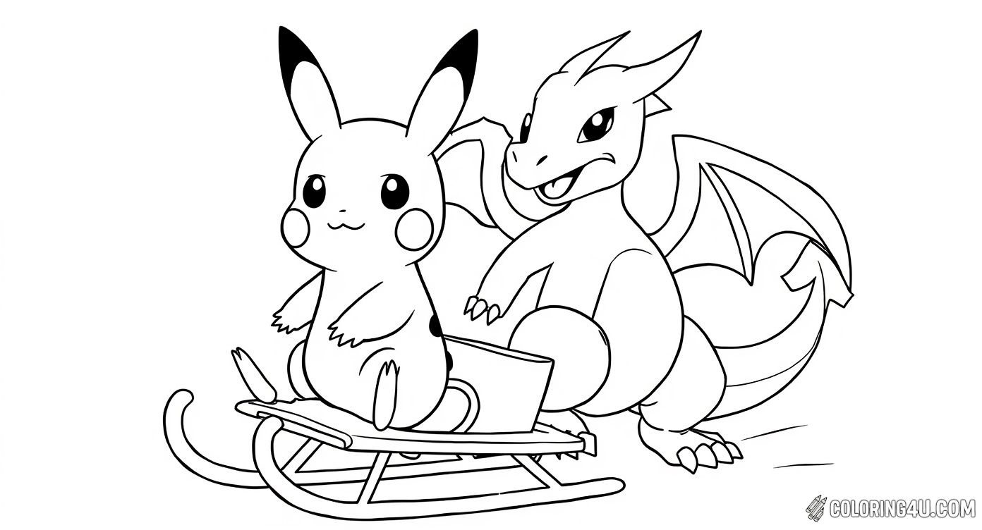 Pikachu And Charizard Winter Sled Coloring