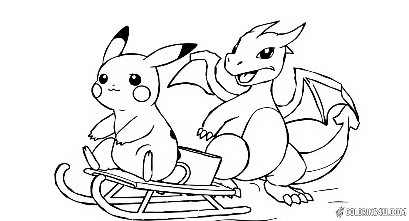 Pikachu On Sled Charizard Winter Fun