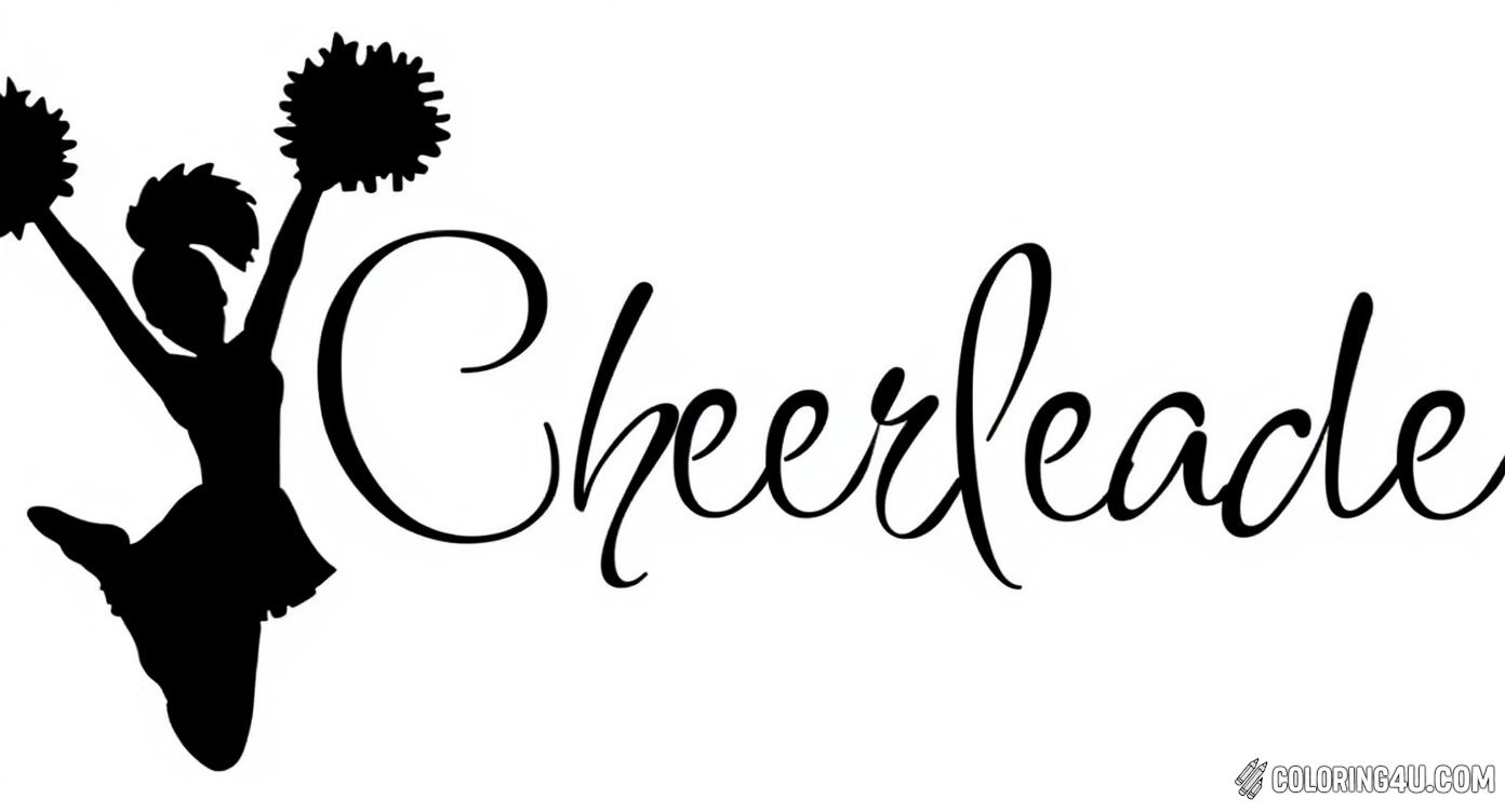 This bold coloring page shows a dynamic silhouette of a cheerleader holding pom-poms up high next to the stylish handwritten word 'Cheerleader.' It's a perfect page for kids to experiment with contrast and creative coloring!