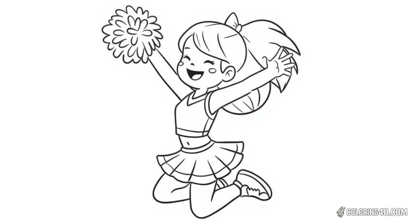 This fun coloring page features an excited young cheerleader jumping high with pom-poms in both hands and a big smile. Kids will enjoy bringing this lively cheerleading scene to life with bright colors and joyful energy!