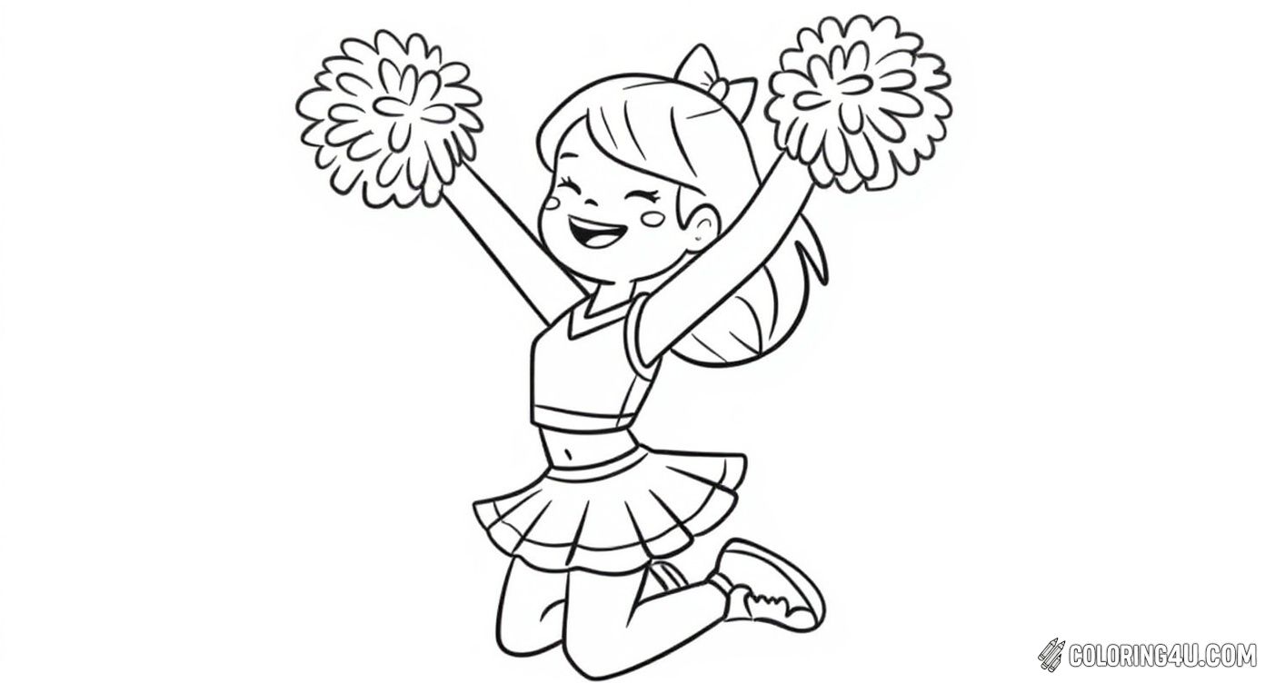 This fun coloring page features an excited cheerleader girl happily jumping with her pom-poms raised high. Kids can enjoy coloring her joyful expression and cheerleading outfit while adding colorful backgrounds to enhance the lively scene. [source: I Heart Crafty Things]