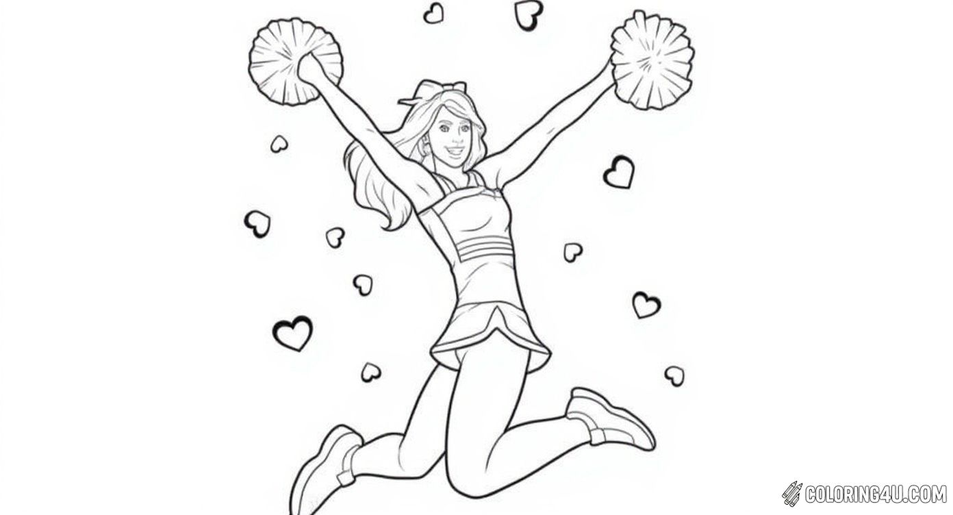 Kids can color this detailed cheerleader mid-jump, holding pom-poms high with a cheerful expression. The background is filled with playful heart shapes, making it a sweet and lively page to add vibrant hues and excitement.