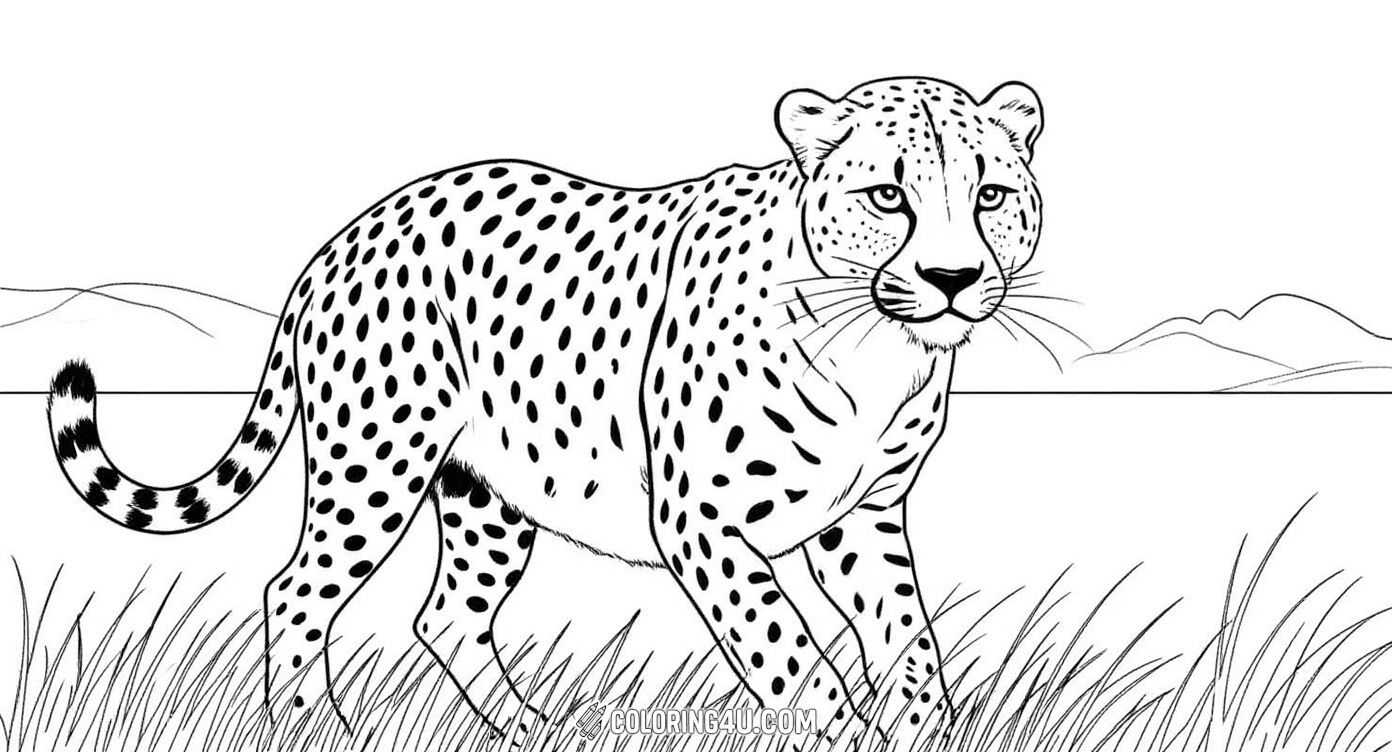 Explore the wild beauty of nature with this detailed coloring page featuring a realistic adult cheetah walking through tall grass. Kids can color the cheetah’s iconic spots and imagine the grasslands where this incredible animal roams free. It’s a great way to learn about wildlife and practice coloring skills!