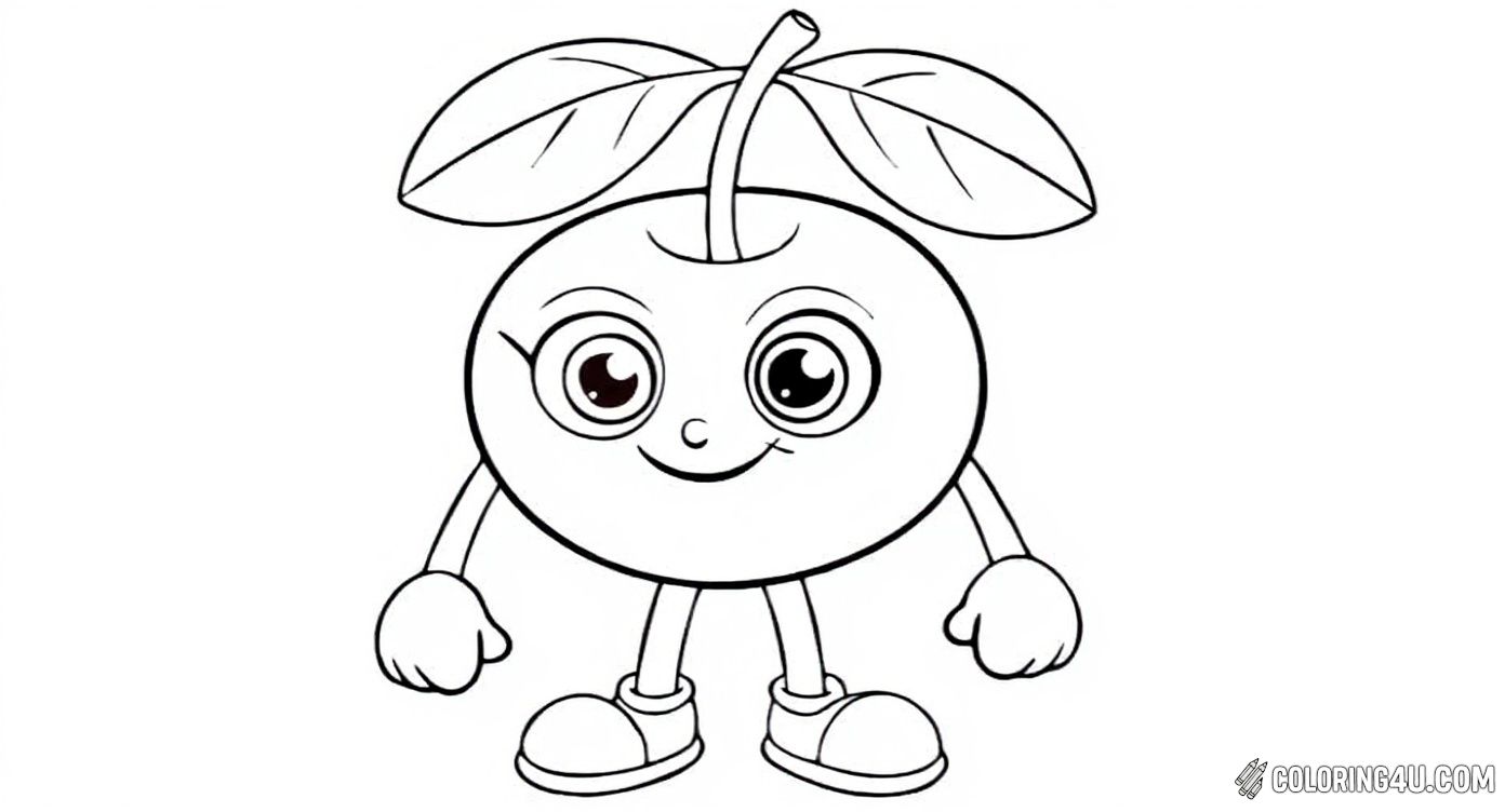 Meet this happy cherry character standing on two legs with big, inviting eyes and a cheerful smile! With arms, gloves, and shoes, this adorable cherry is ready for fun coloring adventures. Perfect for kids who love playful and animated coloring pages. [source: Woo Coloring]