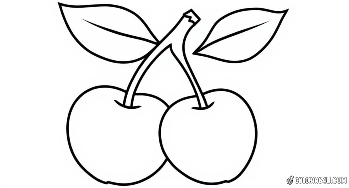 This delightful coloring page features a simple yet charming pair of cherries connected by their stems and topped with a large leaf. Kids can enjoy bringing this classic fruit to life with their favorite colors, helping to build their creativity and fine motor skills.
