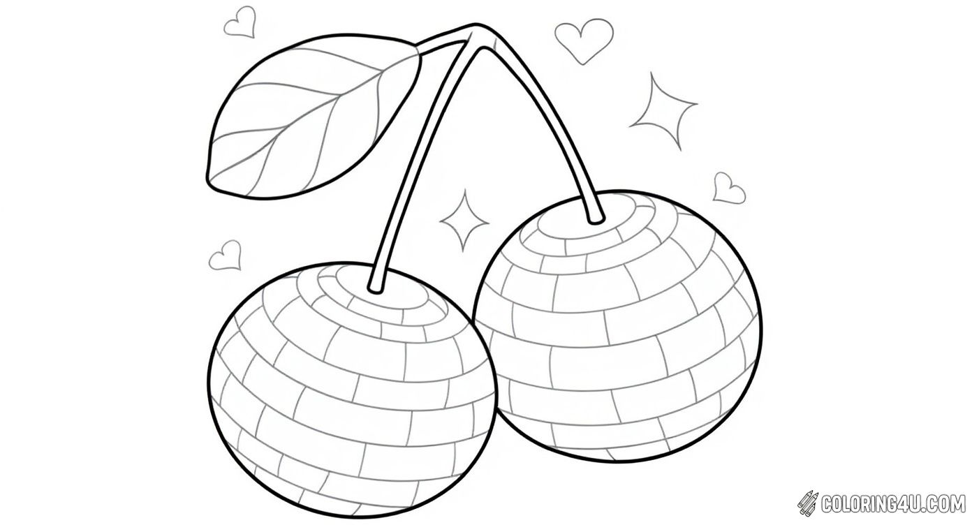 Get ready to add some sparkle and fun to this unique coloring page! Two cherries decorated with intricate brick-like patterns hang side by side, surrounded by cute hearts and shining stars. Kids can have a blast choosing colors for this cheerful and lively design. [source: Pinterest]