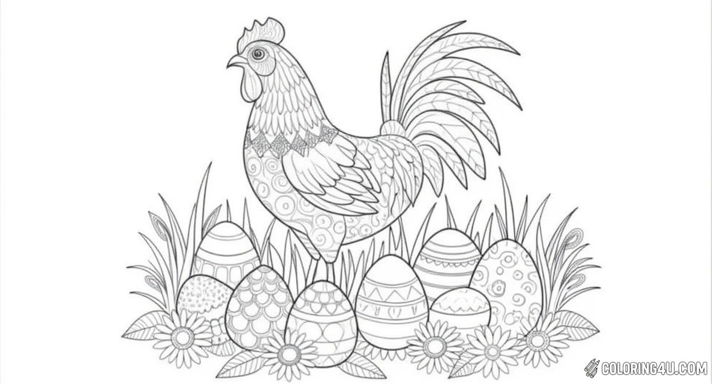This intricate coloring page showcases a beautifully patterned rooster standing proudly among a collection of decorative Easter eggs. Surrounded by flowers and grass, it's a perfect page for kids who love detailed designs and festive spring themes. [source: ColorBliss]