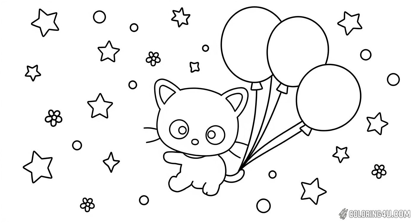 Join Chococat as he floats in the sky holding several balloons decorated with stars. This charming coloring page is filled with stars and bubbles, perfect for kids to add a splash of color and creativity while imagining a magical adventure.