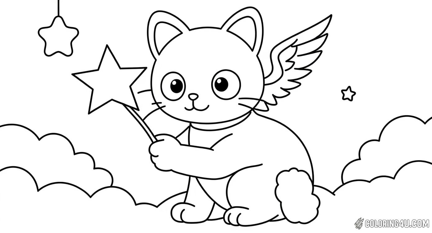 Chococat sits peacefully among fluffy clouds, holding a large star with wings, surrounded by hanging stars. This charming and whimsical scene invites kids to explore their creativity by coloring this dreamy nighttime sky full of wonder.
