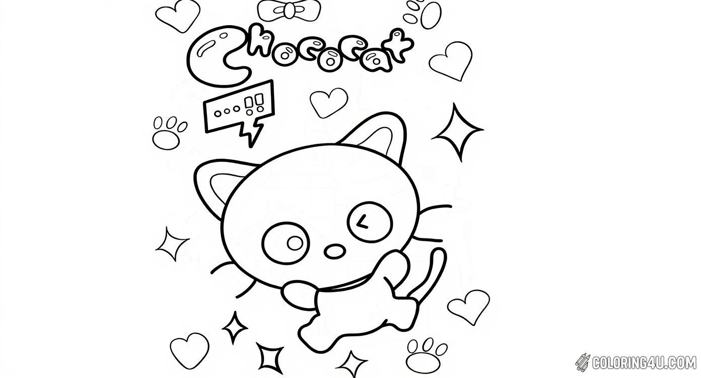 This adorable coloring page features Chococat holding a large bone with hearts, sparkles, and paw prints surrounding him. Kids can have fun bringing this cute Sanrio character to life with bright colors and imaginative designs.