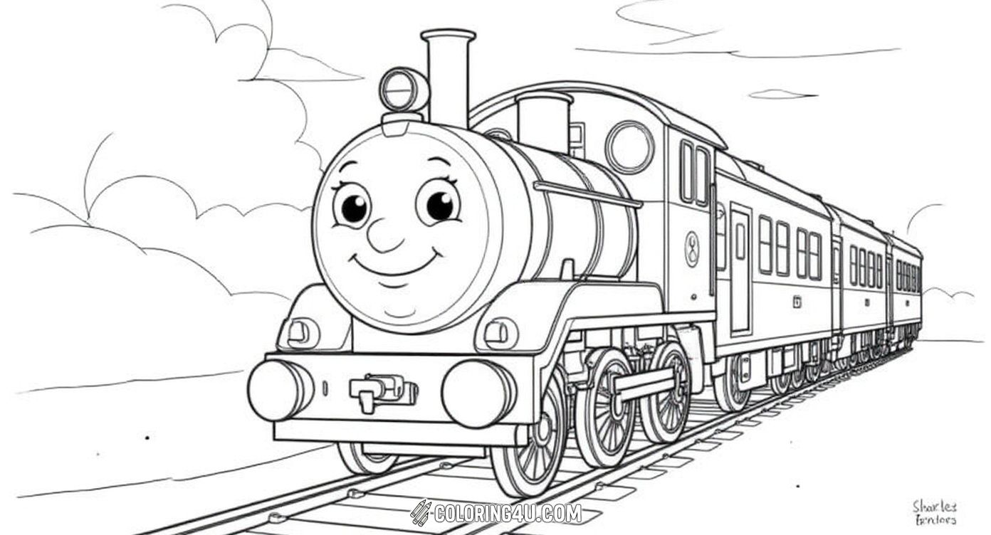 This coloring page features a spooky and fun Choo Choo Charles train with sharp spider legs and a big smile, coming straight down the train tracks. Kids can enjoy coloring the fearless train in a creepy setting surrounded by trees and a railway station.