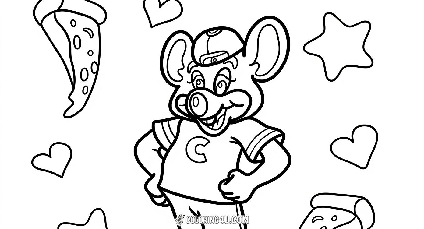 Color this fun image of Chuck E. Cheese standing confidently with his hands on his hips while surrounded by tasty pizza slices, stars, and hearts. It’s a great picture to bring this cheerful mascot to life with your favorite colors!