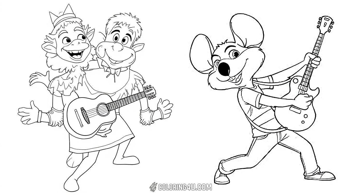 Enjoy this engaging two-page coloring activity featuring Chuck E. Cheese! On the left is a fun 'Where's Chuck E. Cheese?' puzzle full of different characters to explore. On the right, color Chuck E. Cheese rocking out with his guitar. Perfect for kids who love puzzles and music!