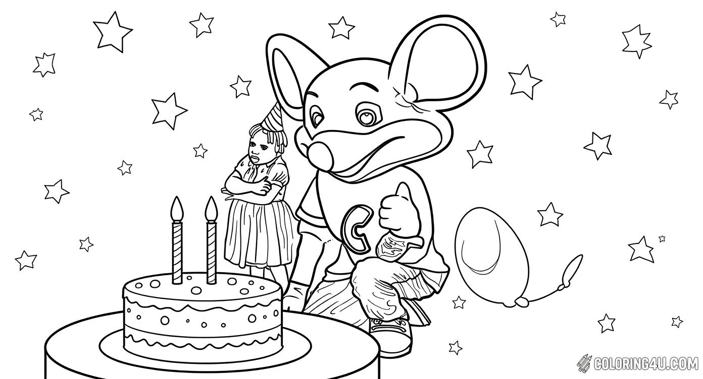 Celebrate with Chuck E. Cheese in this exciting birthday-themed coloring page! Join the fun as Chuck E. Cheese, the playful mouse mascot, gives a thumbs up while a child in a party hat shares the birthday joy, surrounded by balloons and stars.