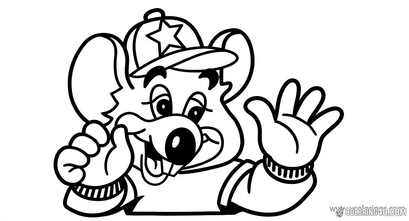 Get ready to color the cheerful Chuck E. Cheese mouse waving and smiling happily! This delightful coloring page captures the mascot's friendly spirit, perfect for kids who love fun and lively coloring adventures.