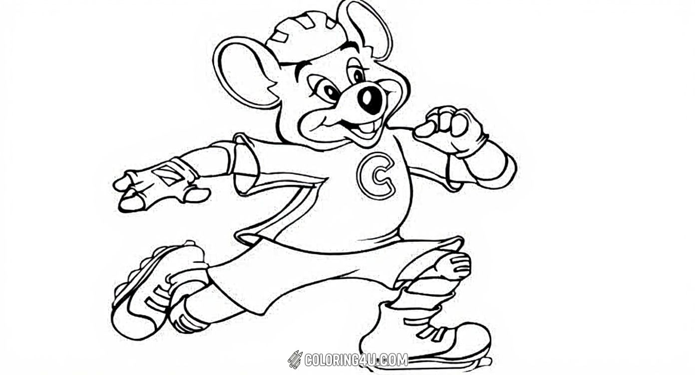 Have a blast coloring this lively picture of Chuck E. Cheese roller skating! Dressed in sporty gear with a helmet and pads, Chuck E. Cheese looks ready for an exciting skating adventure. Use bright colors to make this active mascot zoom across the page!