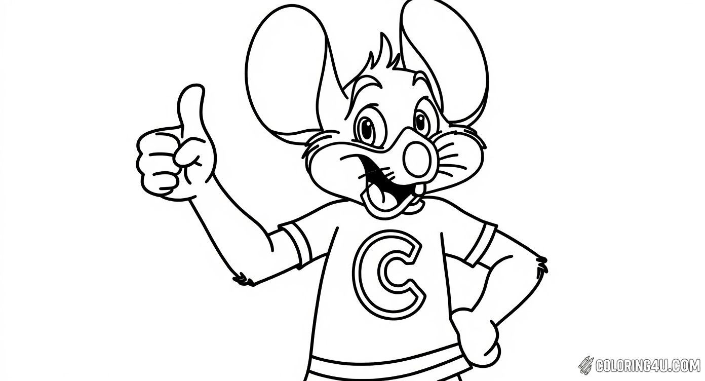 Get ready to bring this lively Chuck E. Cheese coloring page to life! Chuck E. is standing confidently with one hand on his hip and the other giving a big thumbs up, inviting kids to color his cool shirt and sneakers in their favorite shades.