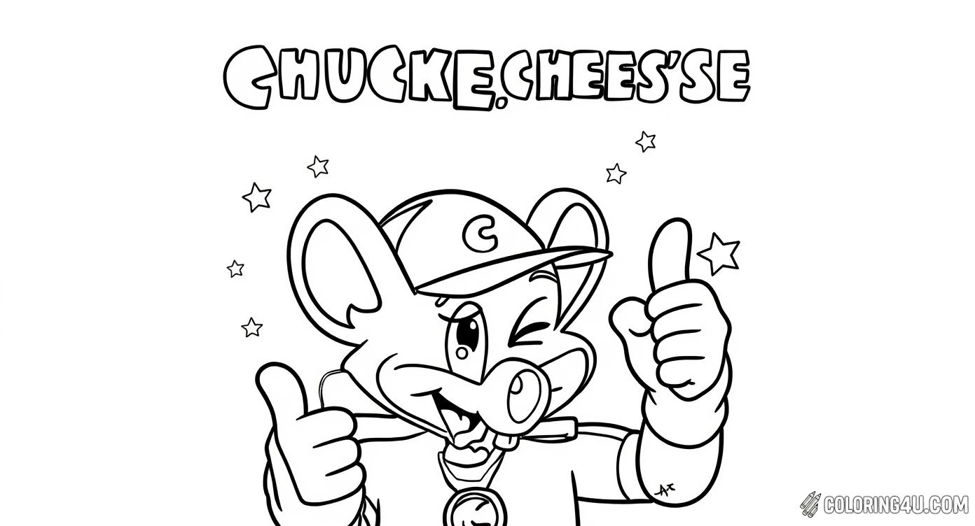This fun coloring page features Chuck E. Cheese winking and giving a thumbs up to all his friends! Kids will love adding bright colors to Chuck E.'s cap and shirt while enjoying the starry background that makes this image extra special.