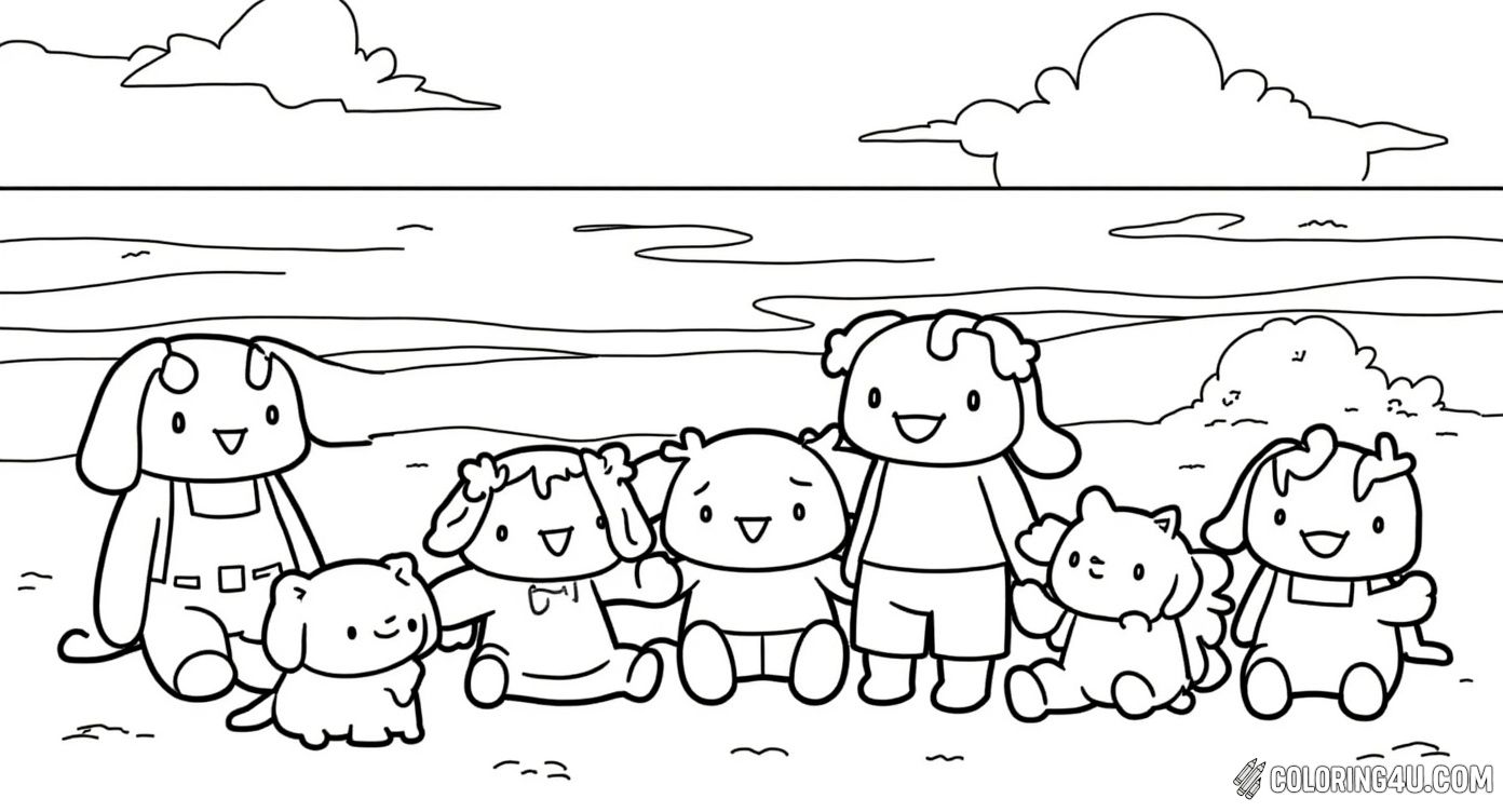 Join Cinnamoroll and friends as they enjoy a sunny day at the beach! With a palm tree, a sailboat, and plenty of smiles, this delightful coloring page invites kids to brighten up a lovely seaside gathering full of joy and friendship. [source: Simply Love Coloring]