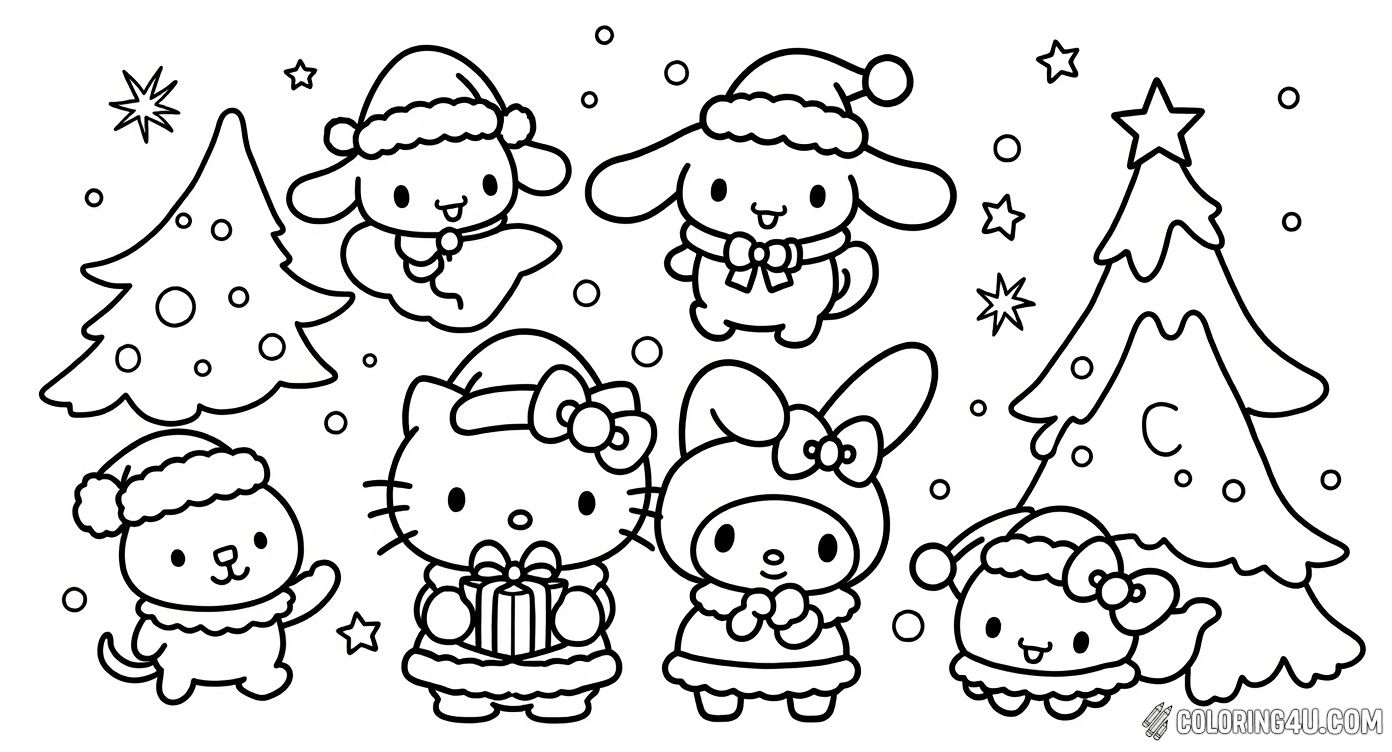 This delightful coloring page features Cinnamoroll and friends dressed up in cozy Christmas outfits, celebrating the holiday spirit together. There's a Christmas tree in the background, and the joyful characters are ready for festive fun. It's perfect for kids who love both Christmas and cute characters!
