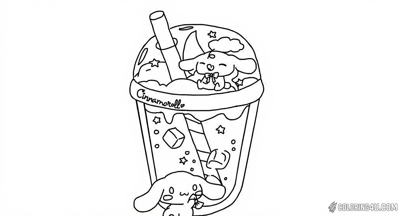 Color a magical scene where Cinnamoroll relaxes inside a bubble tea cup surrounded by stars and ice cubes. This playful and imaginative coloring page will inspire kids to add vibrant hues to the dreamy tea world and its cheerful characters! [source: Pinterest]