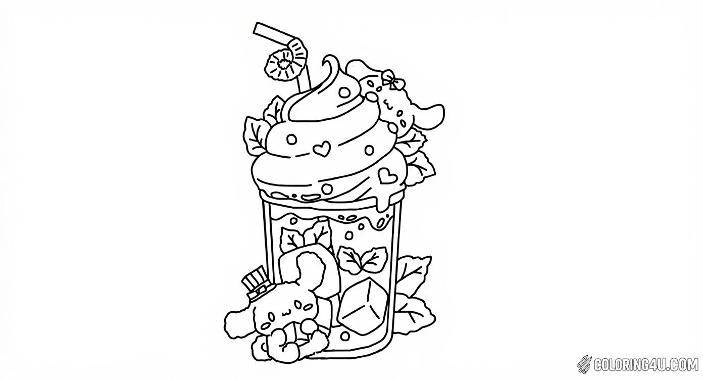 Dive into a sweet and refreshing coloring adventure with Cinnamoroll and friends peeking from behind a delicious mint drink topped with whipped cream and hearts. Little kids will love adding their favorite colors to this cute and cozy scene! [source: Pinterest]