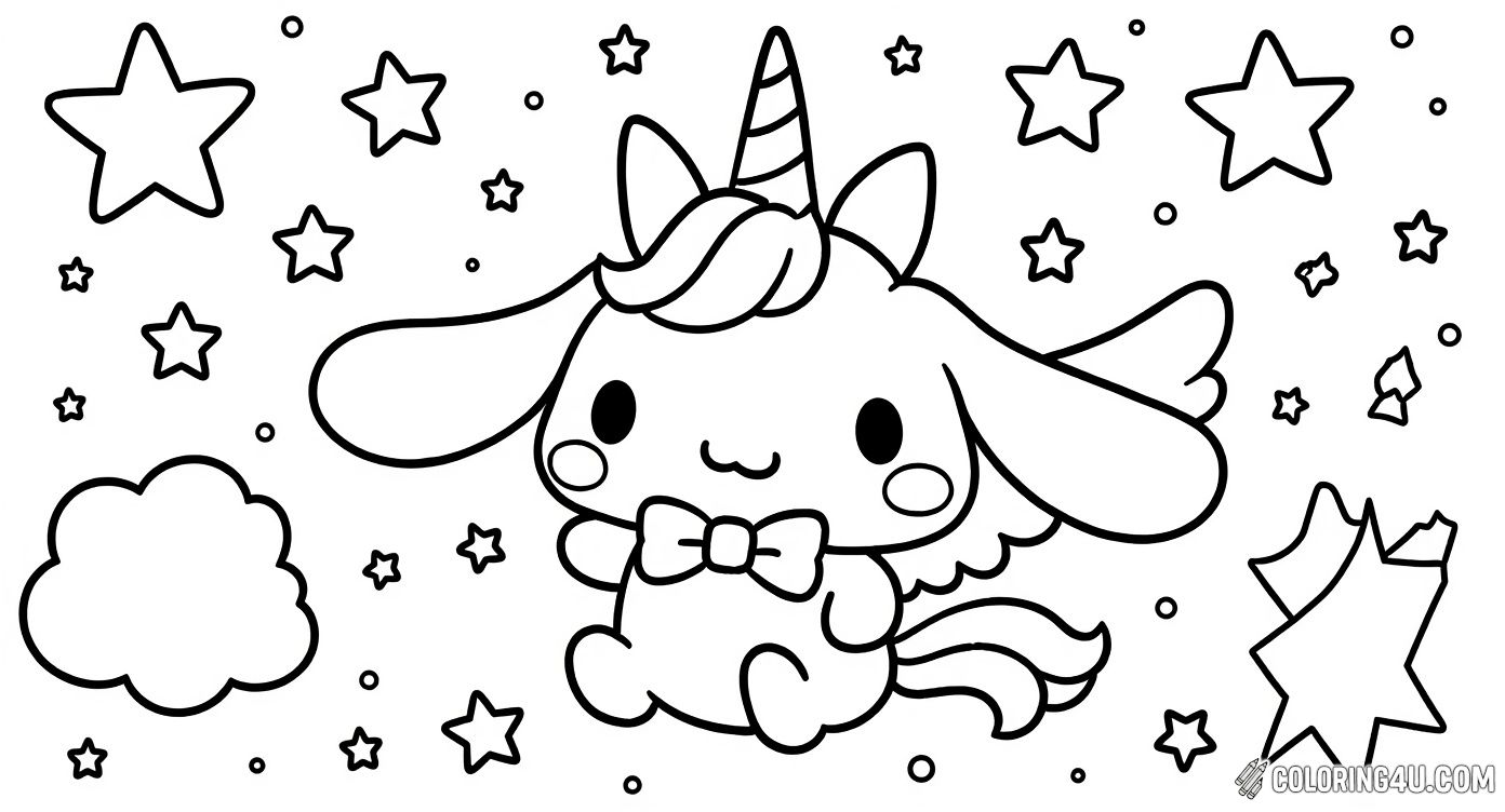 Join Unicorn Cinnamoroll in a magical fantasy coloring page! This charming character sports a unicorn horn, wings, and a bow tie, floating among fluffy clouds and sparkling stars. Kids can bring this enchanting scene to life with vibrant colors and let their imagination soar.