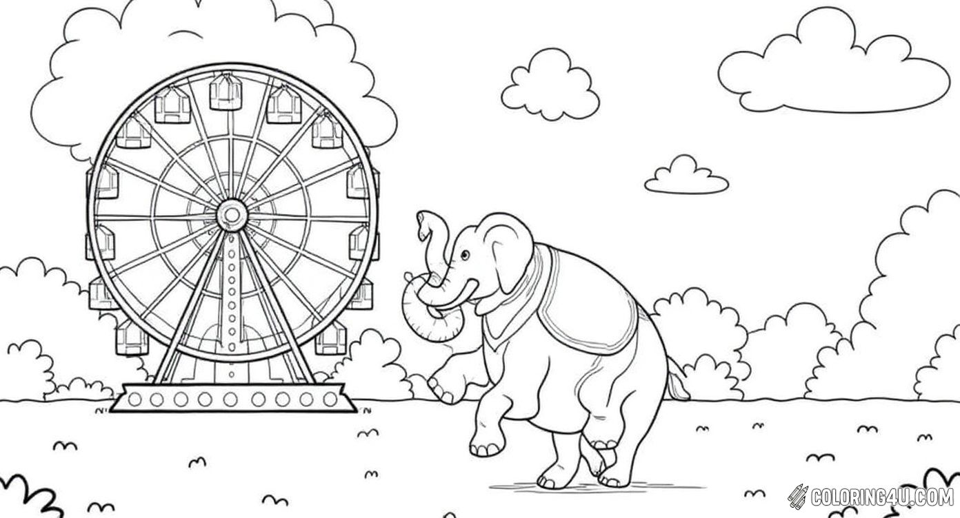 Discover a magical carnival scene featuring a giant ferris wheel, a spinning carousel with horses, and a big top tent. Above it all, a talented elephant balances on a ball showing off its amazing circus skills. Perfect for kids to color and imagine all the thrilling carnival adventures waiting to happen!