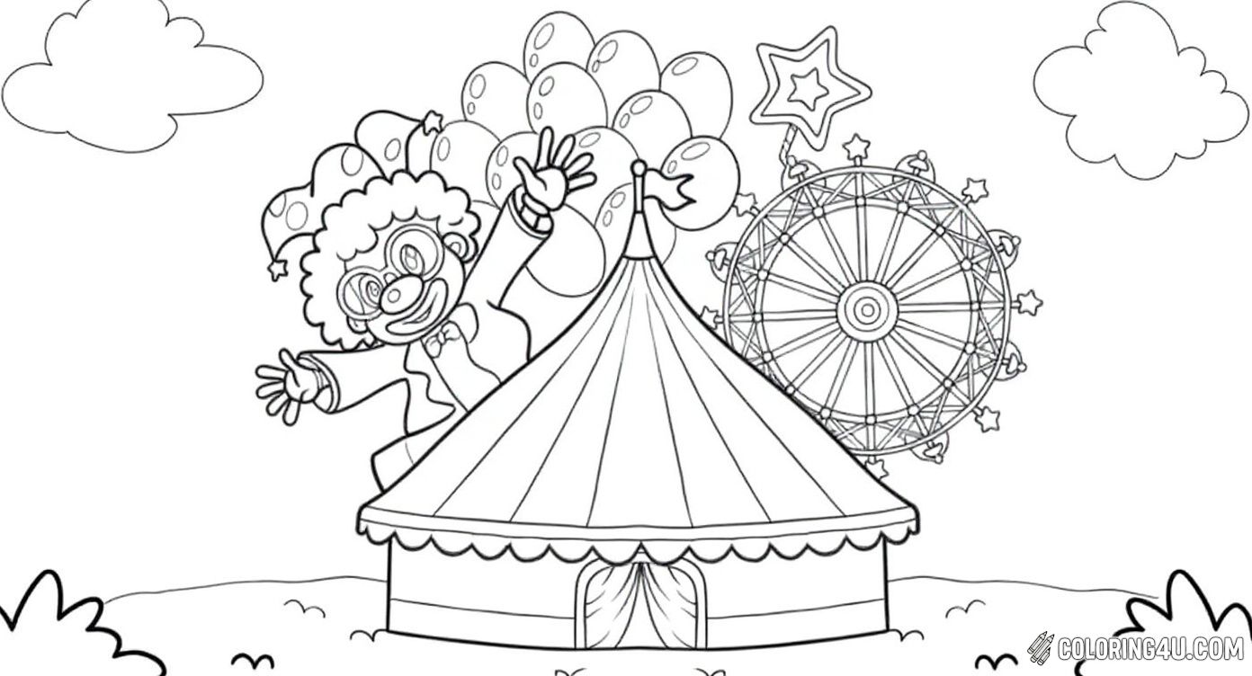 This fun and lively coloring page shows a cheerful clown waving happily from behind a big carnival tent decorated with balloons. In the background, a ferris wheel and star-shaped decoration add to the festive carnival atmosphere. Kids can enjoy coloring the tent, the clown, and all the fun details that make the carnival so exciting!