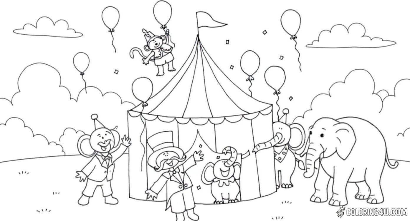 Step right up and color this adorable circus scene! It shows a big striped tent with a waving ringmaster inviting everyone inside. Two cute elephants, one peeking out of the tent and the other outside, along with a playful monkey flying with a balloon, complete this joyful carnival moment. Kids will enjoy adding color to every cheerful character and the bubbles in the air!