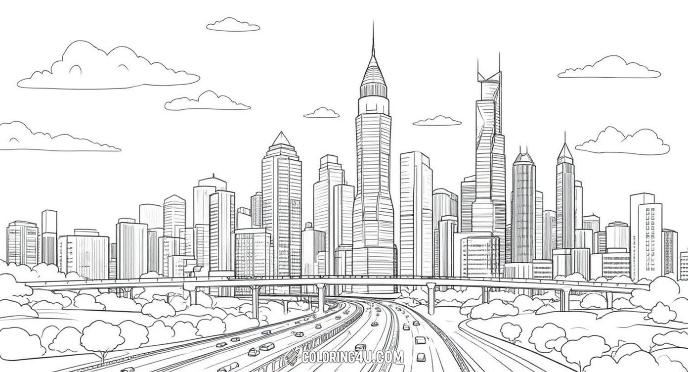Explore the exciting cityscape filled with towering skyscrapers, modern architecture, and bustling highways. This detailed coloring page invites kids to add vibrant colors to a dynamic urban scene full of energy and architectural wonders.