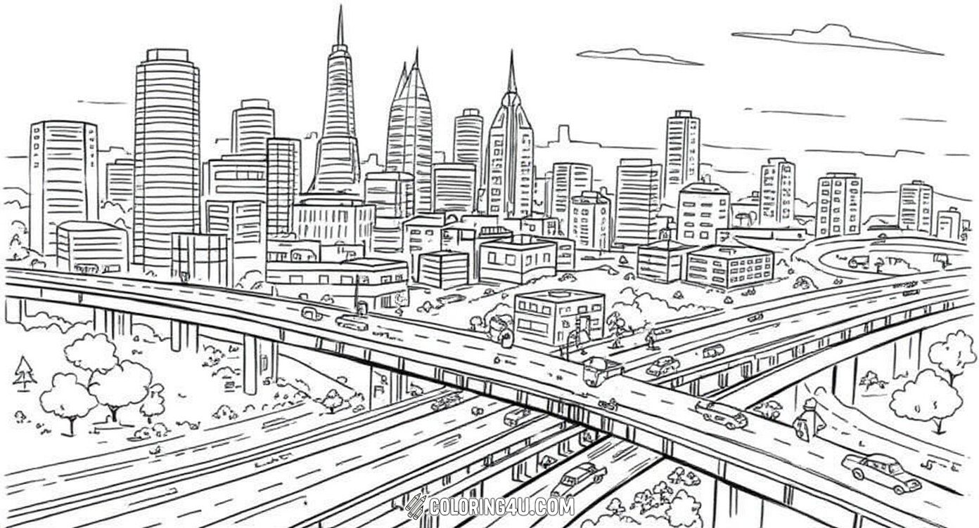Dive into the hustle and bustle of a modern cityscape featuring twisting highways, skyscrapers, and busy streets full of cars and pedestrians. This detailed city coloring page invites kids to add vibrant colors and create their own lively urban adventure.